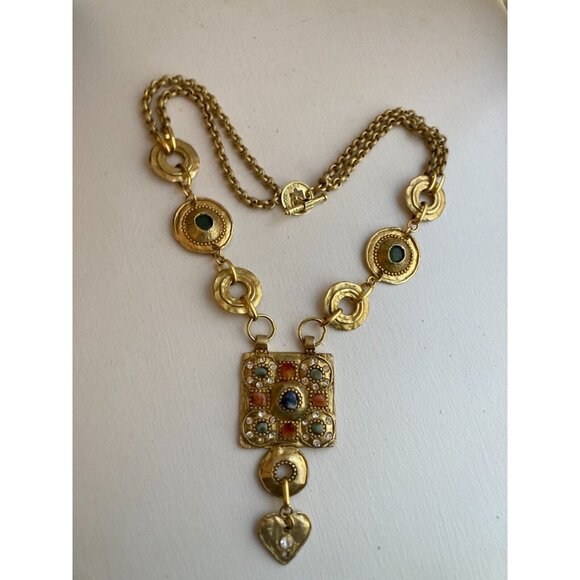 Vintage CLAIRE DEVE Gold Metal Double Chain Etruscan Statement Runway Necklace - Picture 11 of 16